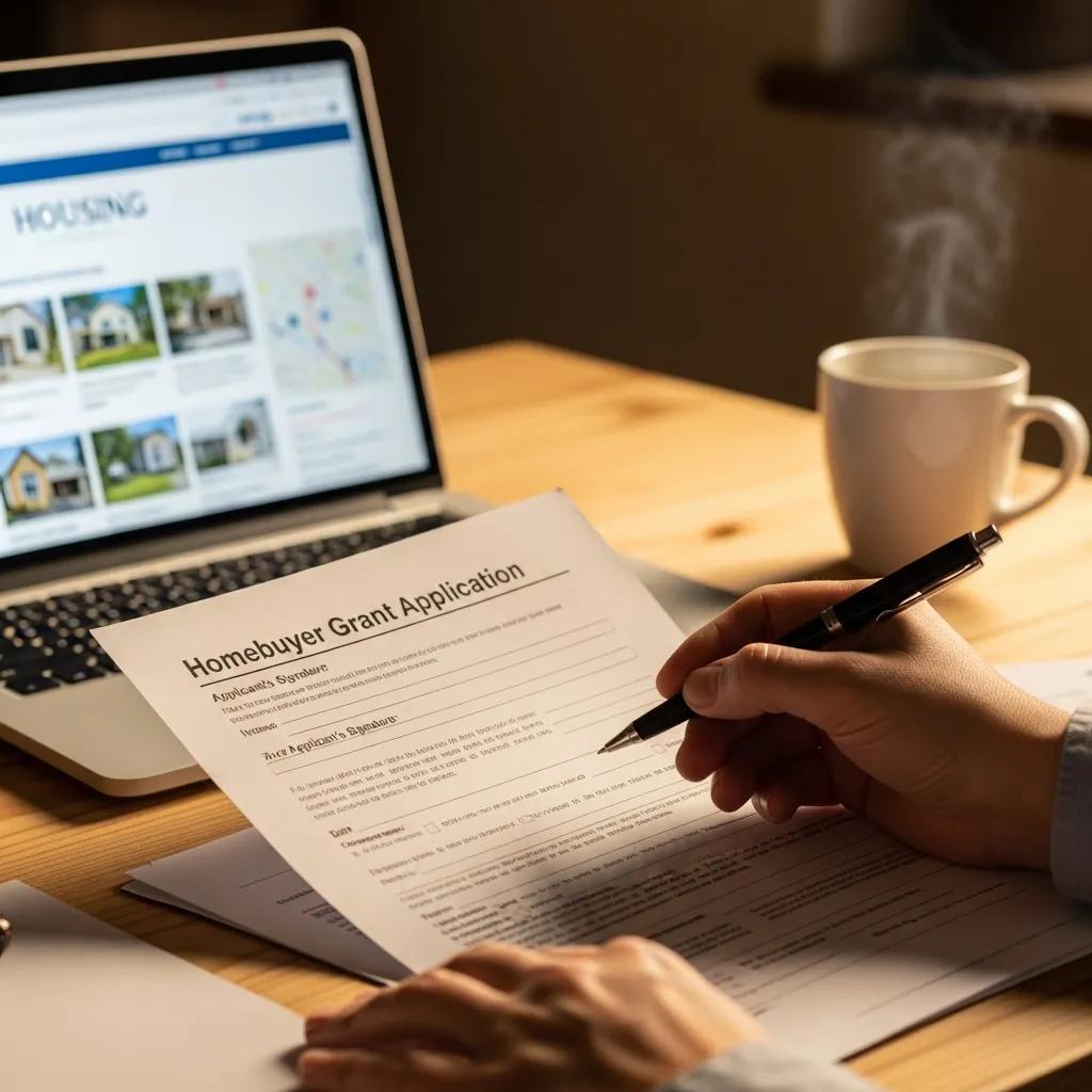 Close-up of a homebuyer grant application process with a laptop and coffee
