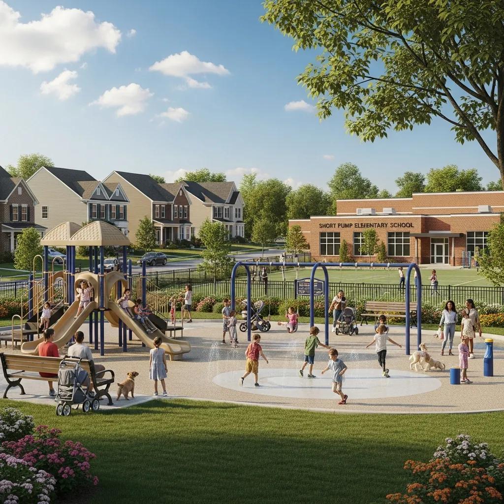 Family-friendly neighborhood in Short Pump with children playing and a school in the background, emphasizing community and education
