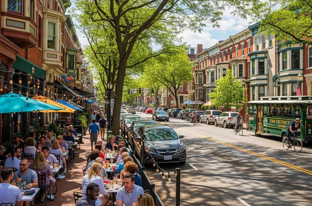 Vibrant street scene in the Fan District Richmond VA with Victorian architecture and outdoor dining